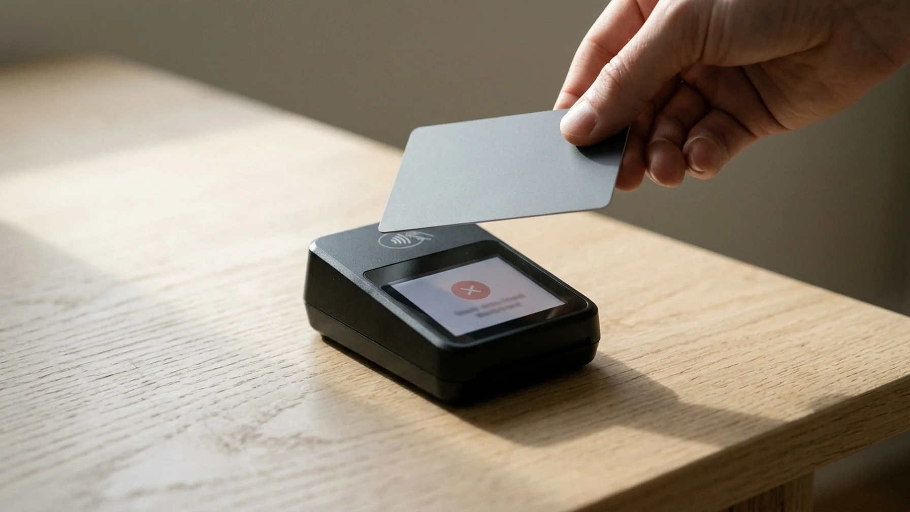 Close-up of a payment terminal screen showing a declined transaction, a hand holding a card nearby on a light wooden desk