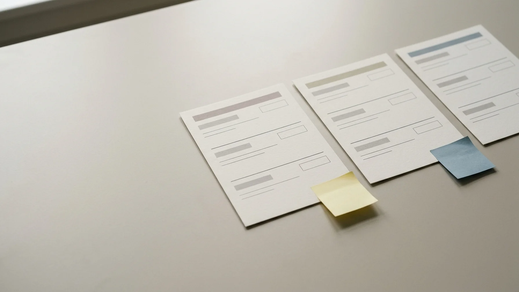 Printed pricing tier cards laid out on a table with colored sticky notes marking three plan options