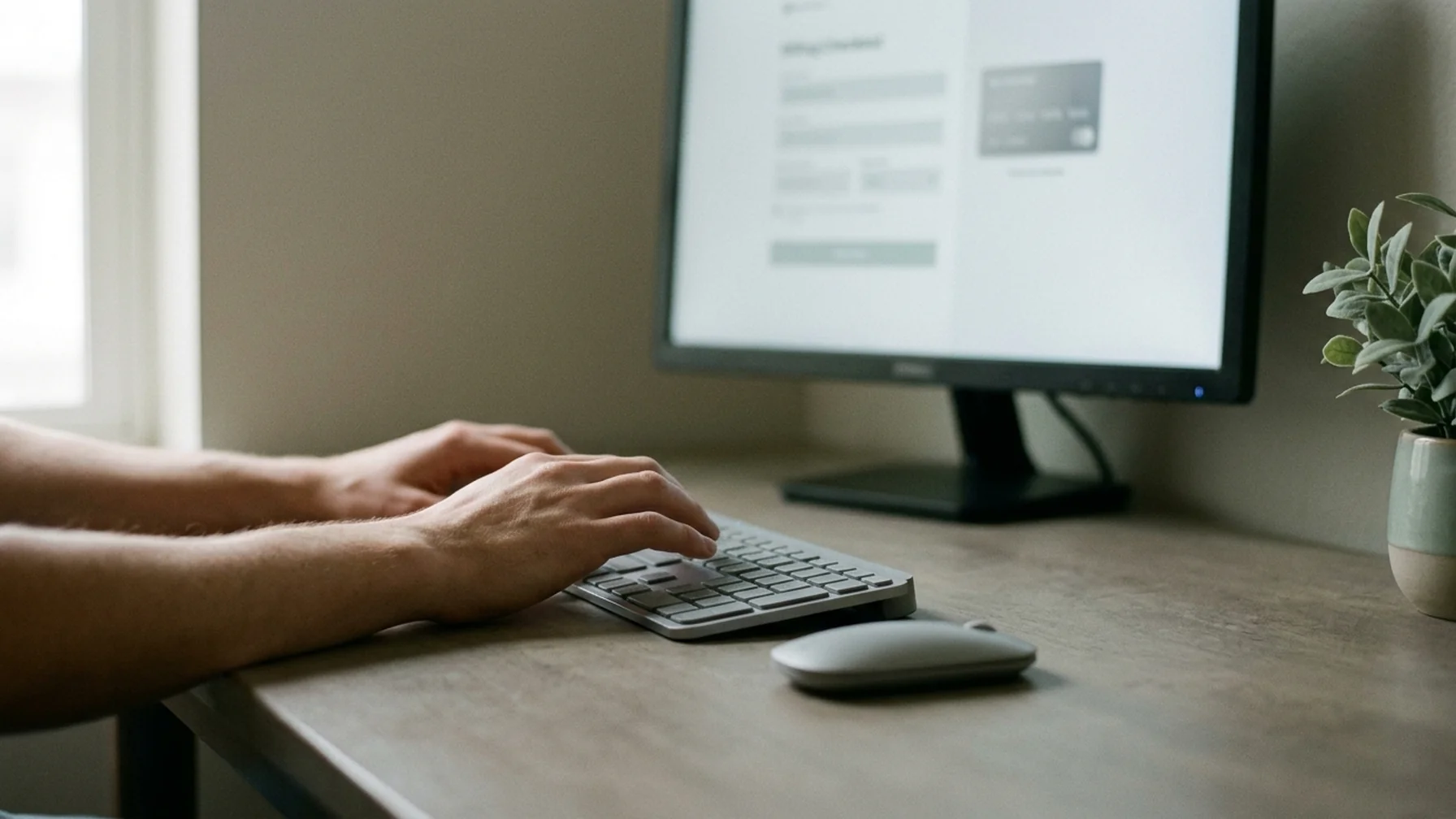 Hands typing a new card number into a billing portal form on a desktop monitor, office desk with a keyboard and plant, even indoor light.