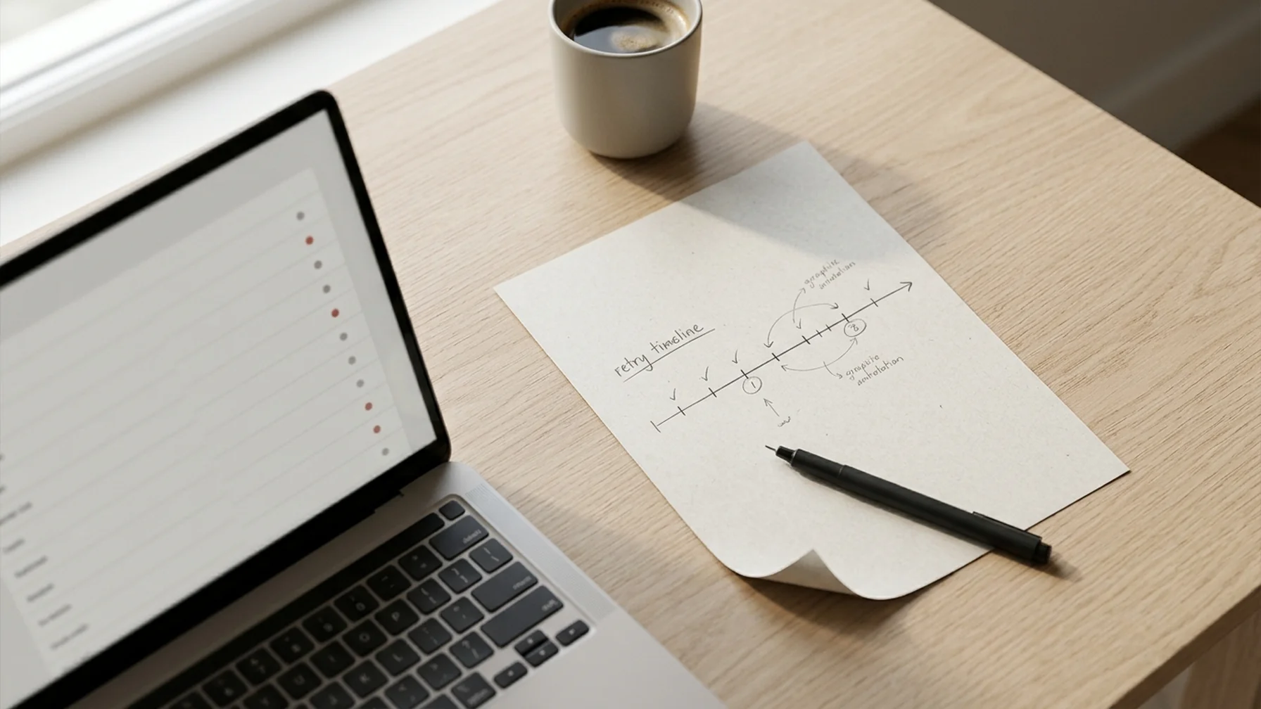 A laptop on a wooden desk showing a payment failure queue, next to a printed retry schedule and a cup of coffee in morning light.