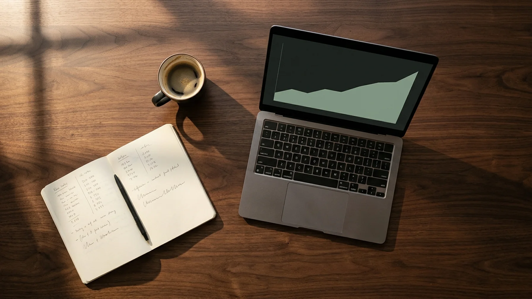 A laptop on a desk showing a simple line chart, with a notebook of handwritten figures and a coffee cup beside it