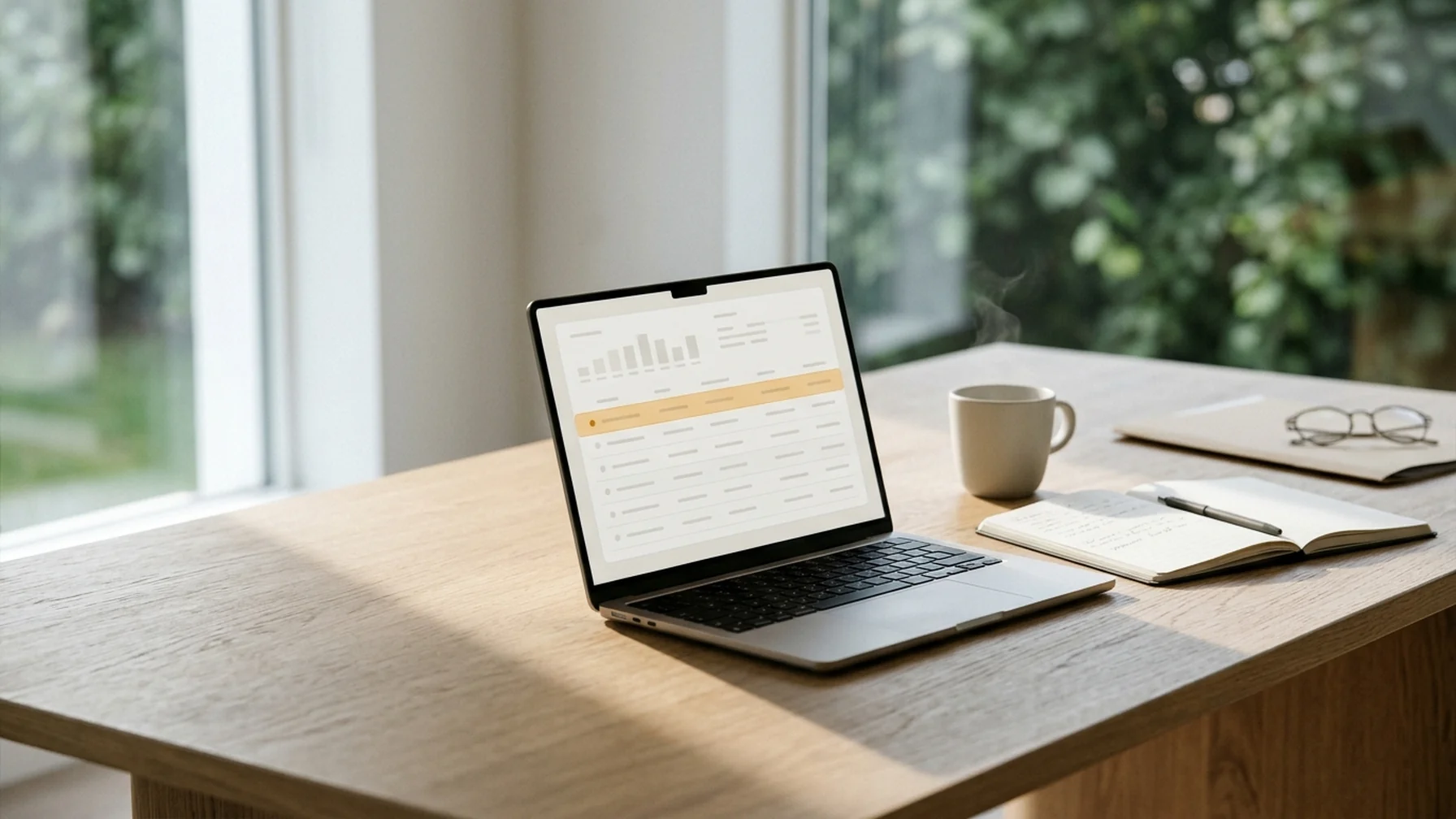 Close view of a laptop on a wooden desk showing a billing dashboard with a failed payment row highlighted, a coffee cup and notebook beside it, morning window light