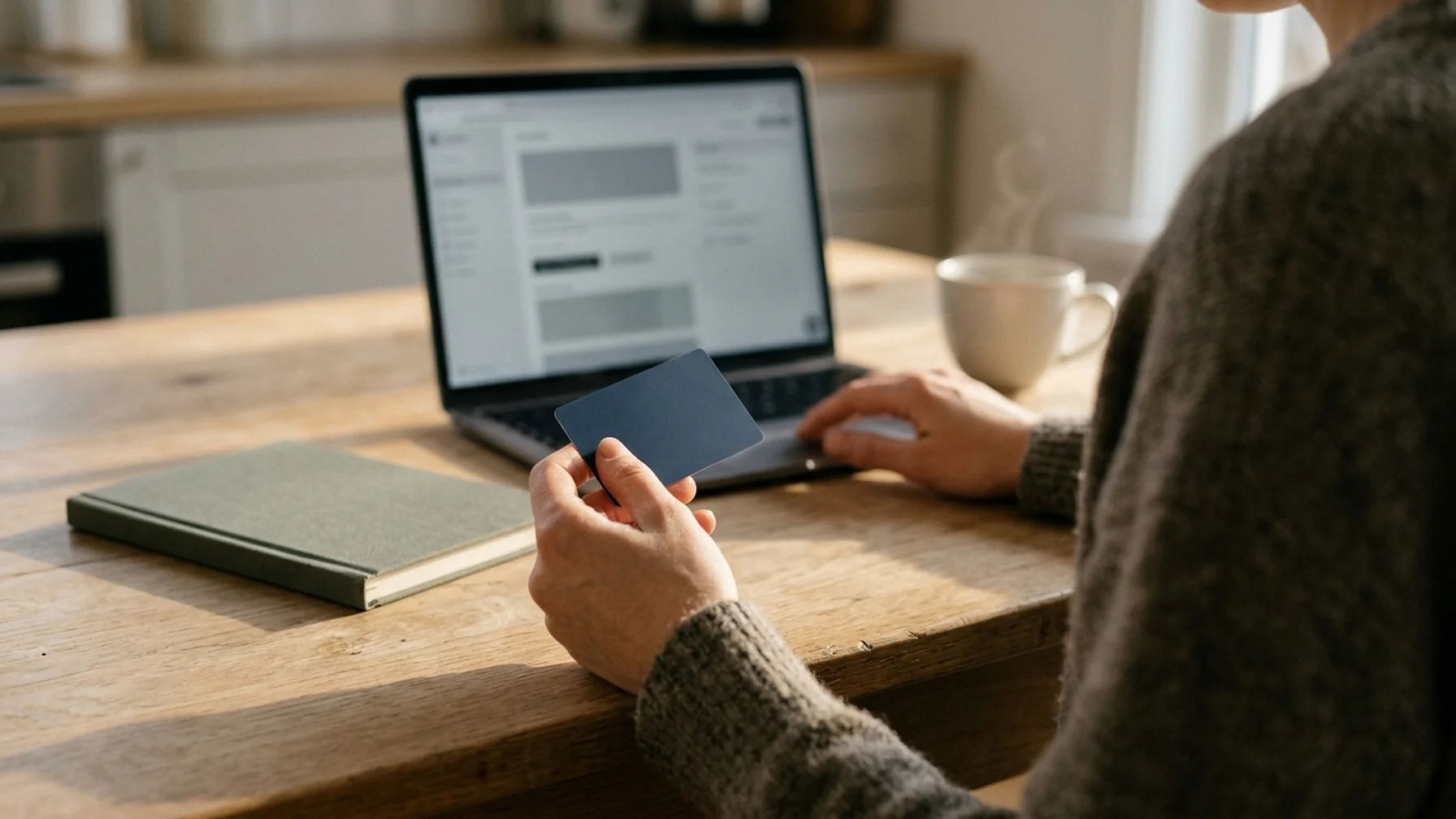 A person reviewing an email on a laptop at a kitchen table, a physical card held in one hand, warm afternoon light across the tabletop.