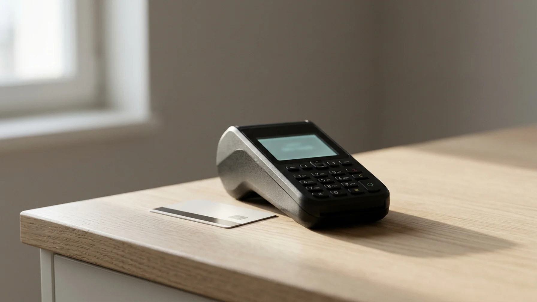 Close-up of a payment terminal screen showing a declined transaction, a card resting beside it on a pale wooden counter, soft morning window light.